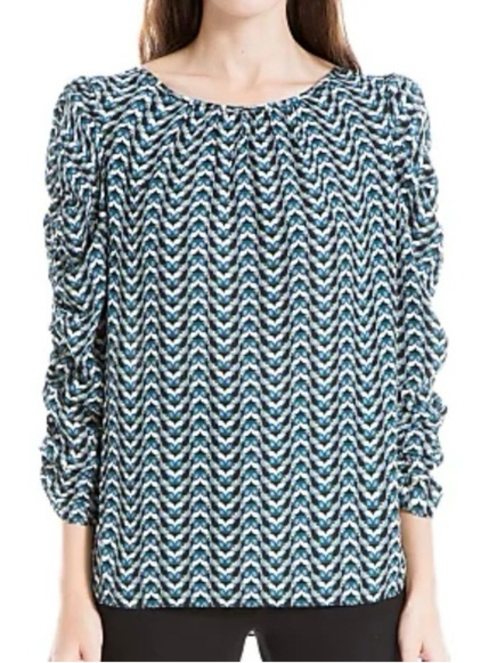 Max Studio Geometric Pattern Teal/Navy Puff Ruched-Sleeve Blouse Sz XL